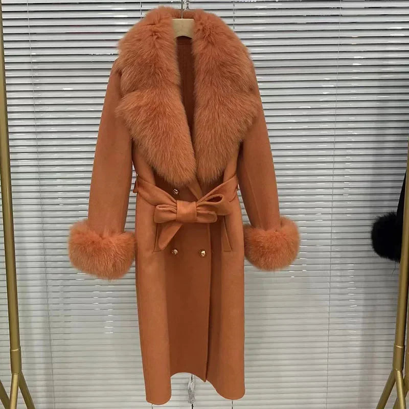 Long Wool Cashmere Blended Coat Real Fox Fur Cuffs & Collar