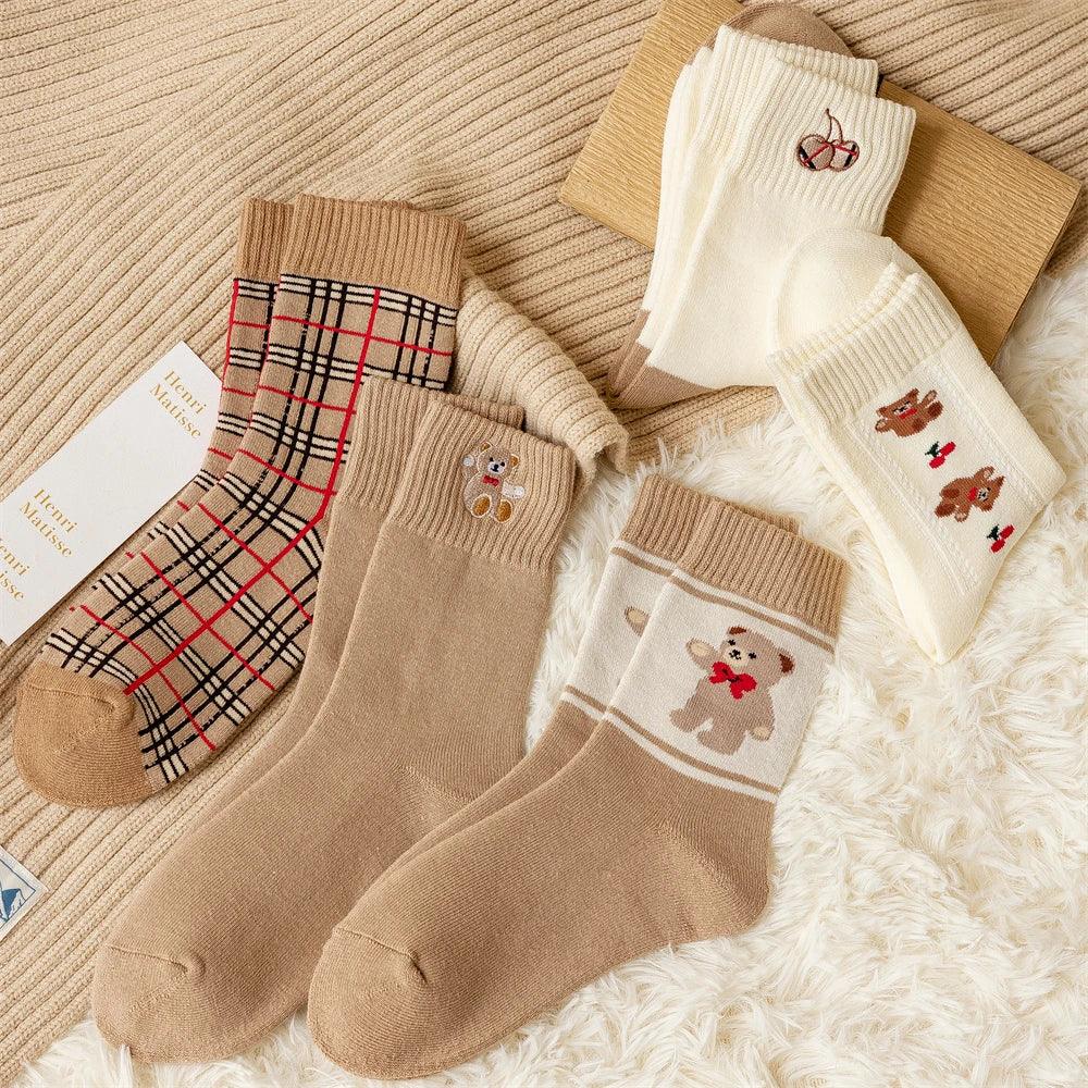 Geometric Lattice Fun Socks Japanese Style Embroidered Happy Fashion Spring Kawaii Harajuku Cotton Long Funny Autumn Female Cute