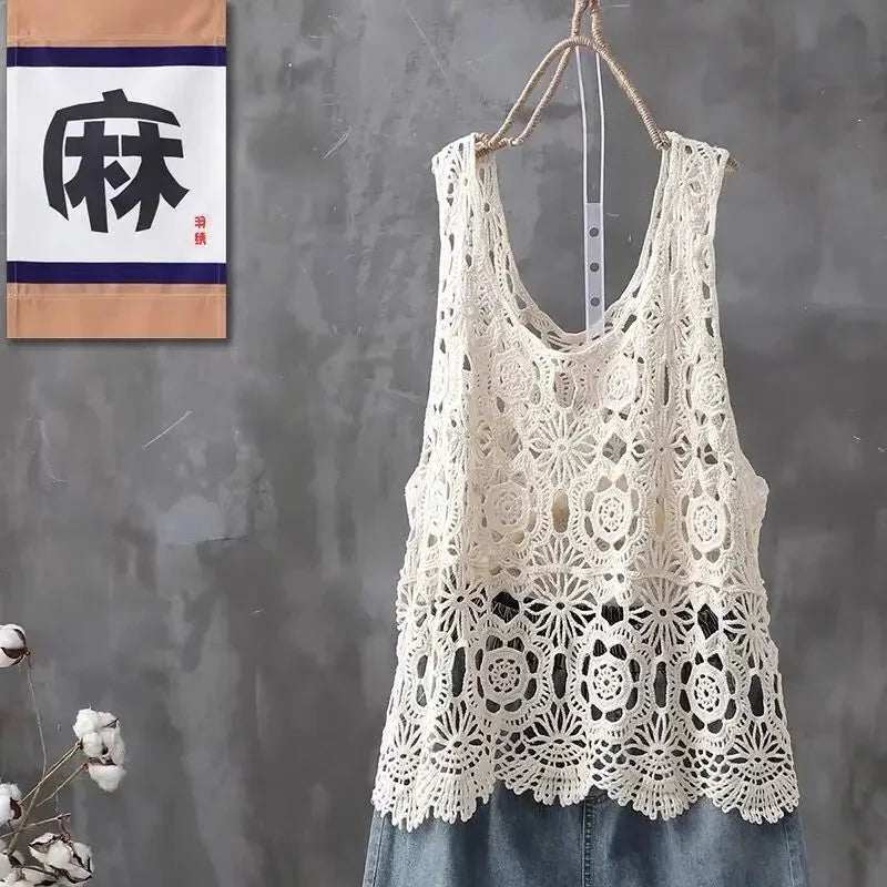 2024 Women Beach Crochet Daily Hollow Out Knit Loose-fitting Round Collar Spaghetti Strap Crop Top Scalloped Loose Vest L45