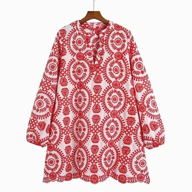 Loose Women Dress With Stylish Embroidery Full Sleeve V-neck Above Knee Feminino Vestidos
