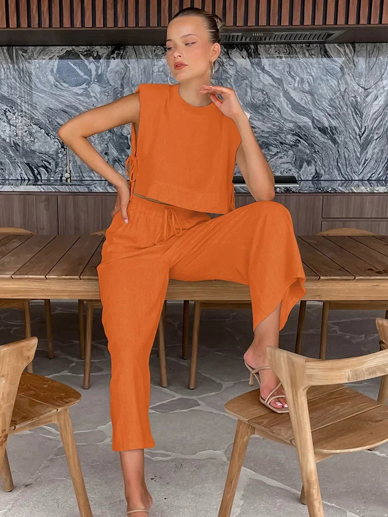 Linen Crop Top & Pants Set