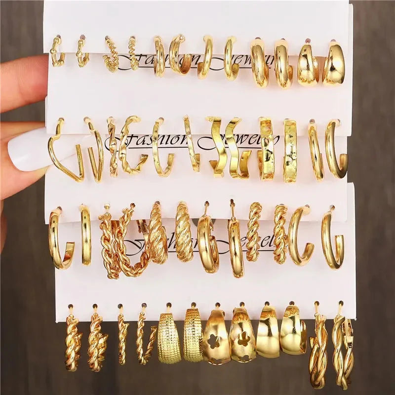 Boho Big Circle Hoop Earring Set for Women, Gold Color Bohemia Vintage Pearl Earring, Heart Zircon Ear Studs Jewelry Gifts