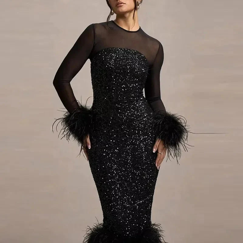 LUX Shimmer Feather Maxi Dress