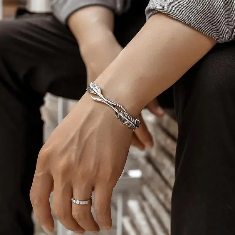 Silver Color Feather Cuff Bracelet for Men Women Vintage Adjustable Bracelet Bangle Fashion Jewelry