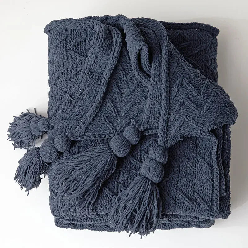 Chunky Knit Chenille Blanket With Pompoms