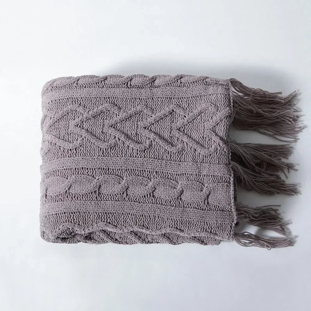 Chunky Knit Chenille Blanket With Pompoms