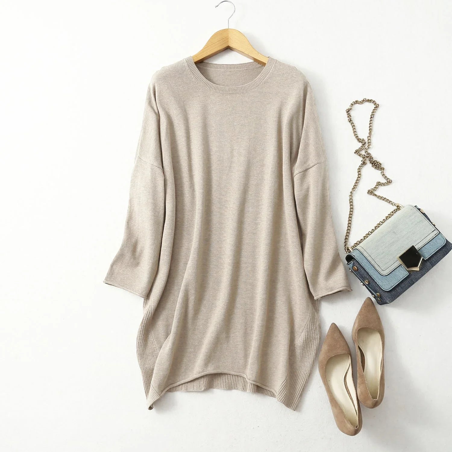 Women's 85% Silk 15% Cashmere Crew Neck Long Loose Type Pullover Top Sweater Dress LY001