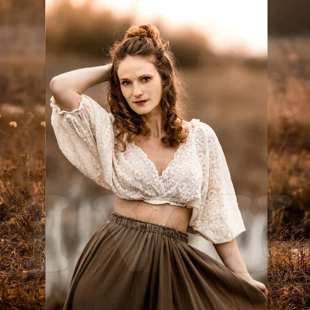 Boho Pregnant Dress Lace&Linen Cotton Combination Two Piece Set Contrast color retro design sense PhotoShoot Pregnancy Dress