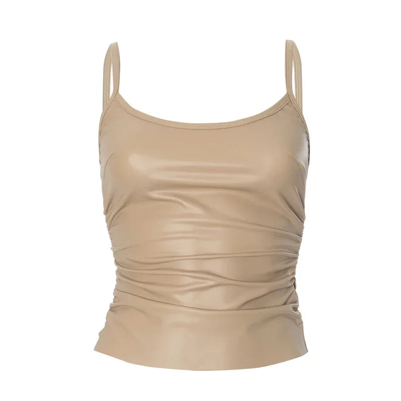 Fashion Women PU Leather Bustiers Camisole Pleated Crop Tops Sleeveless Slim Bralette Tank Vest Party Soft Leather Camis Tops