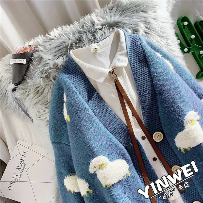 Sheep Cartoon V-Neck Long Sleeve Loose Knitted Sweater Women's Cardigan Korean Fashion Autumn Winter Thick Cardigan For Women