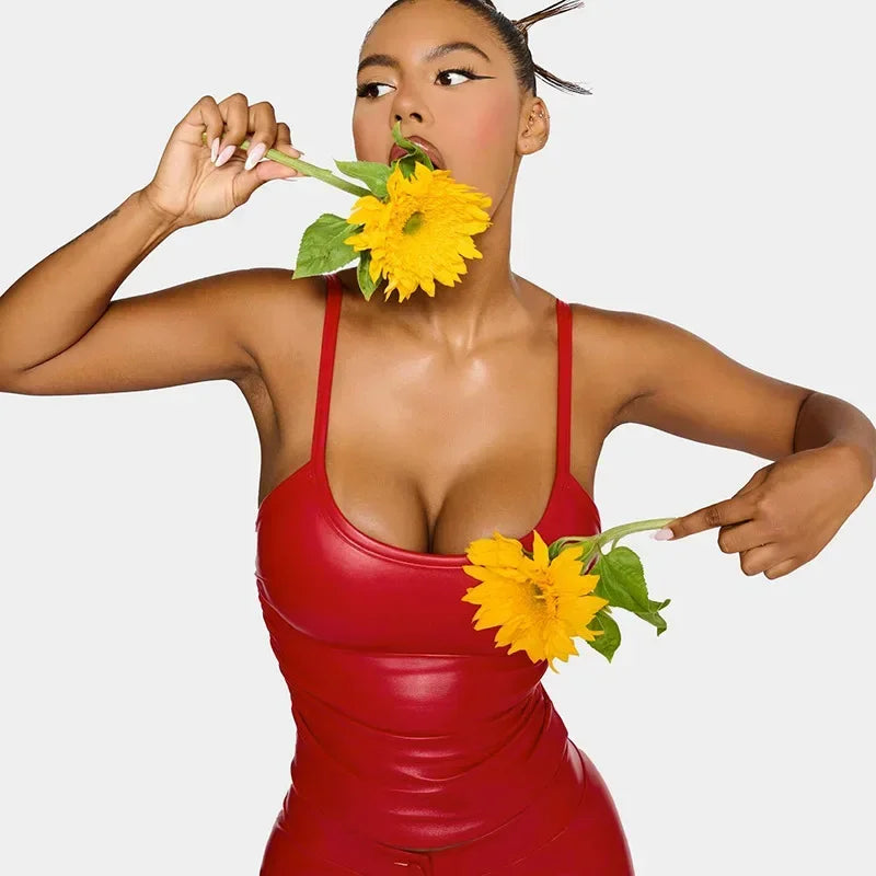 Fashion Women PU Leather Bustiers Camisole Pleated Crop Tops Sleeveless Slim Bralette Tank Vest Party Soft Leather Camis Tops