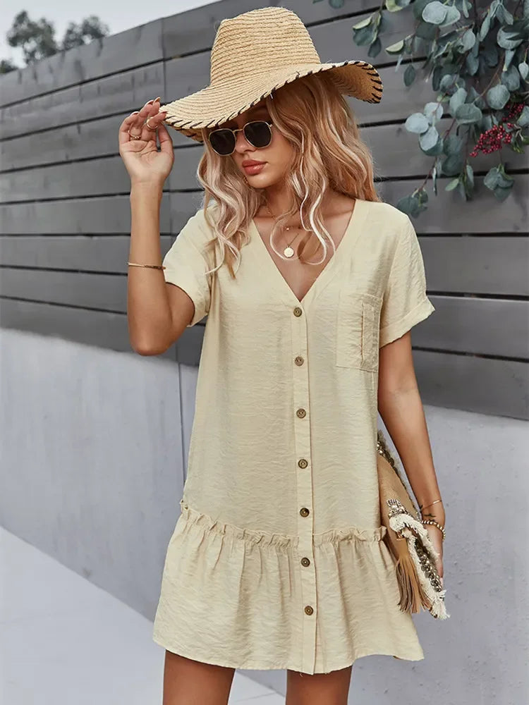 Solid Short Dress Women V Neck Single Breasted Loose A Line Dress For Spring Summer