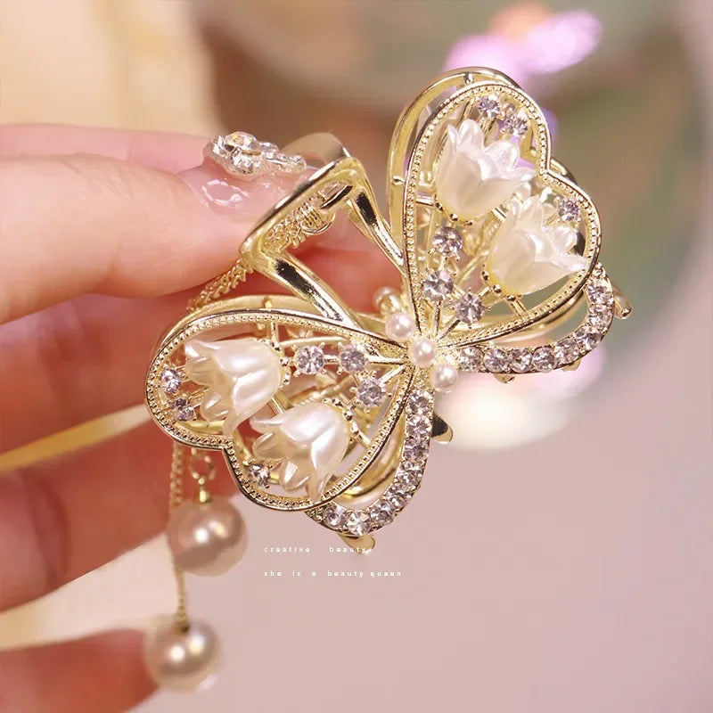 Luxury Flower Bowknot Hair Claw Women Crystal Alloy Tassel Hair Clips Girls Fashion Simplicity Shark Crab Clips Hair Accessoires