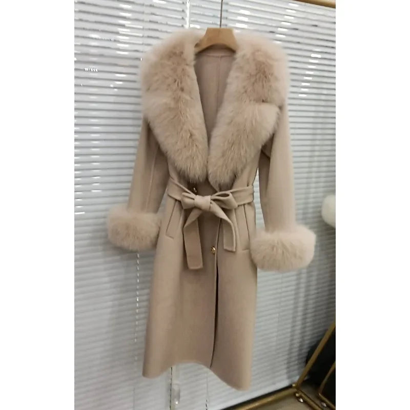Long Wool Cashmere Blended Coat Real Fox Fur Cuffs & Collar