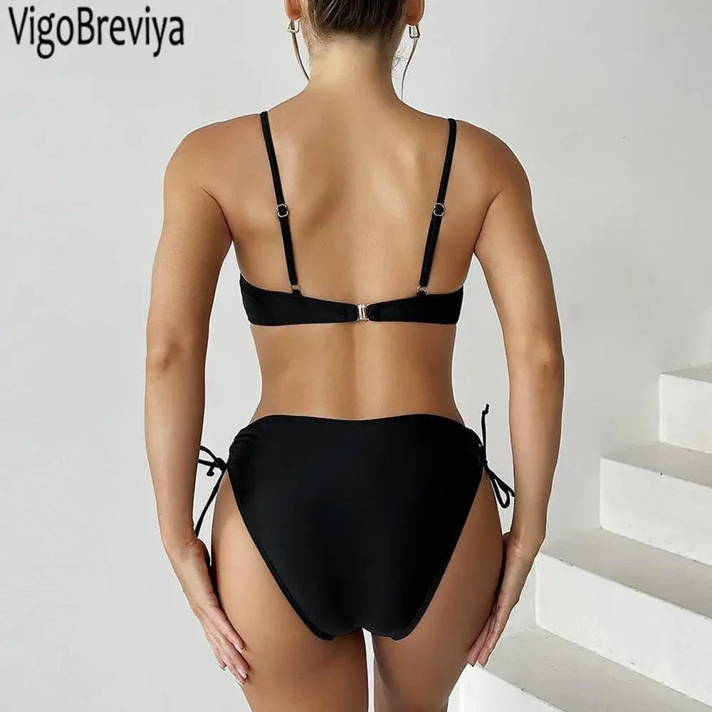VigoBeviya 2023 Black Strapped Swimwear Women Sexy Hollow Push UP One Piece Swimsuit Monokini Blackless Beach Bathing Suit