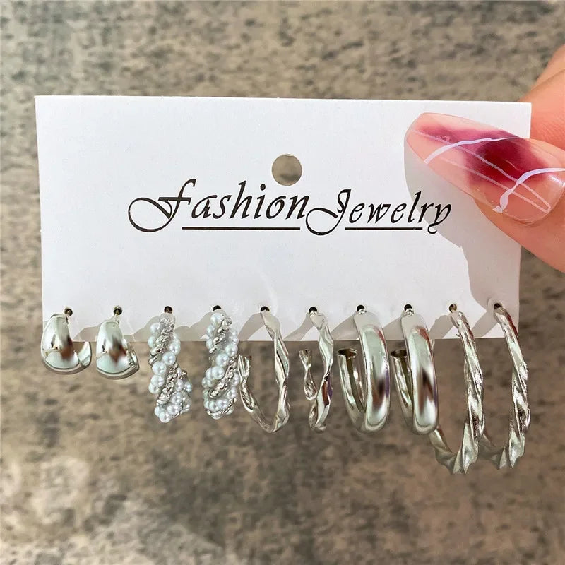 Boho Big Circle Hoop Earring Set for Women, Gold Color Bohemia Vintage Pearl Earring, Heart Zircon Ear Studs Jewelry Gifts