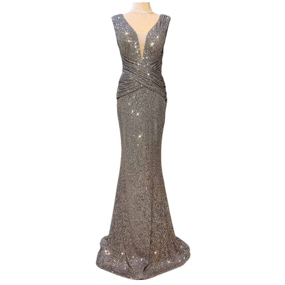 Deep V Sequin Evening Dress
