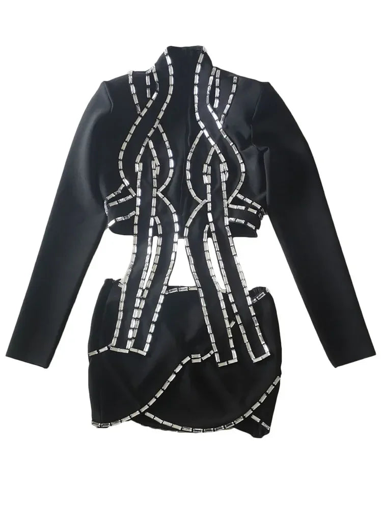 Luxury Diamond Long Sleeve Outfit Party Set