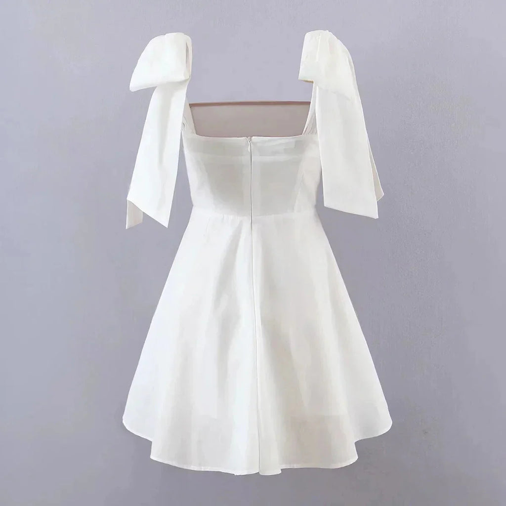 GypsyLady White Elegant Sexy Mini Dress Cotton Summer Holiday Women Dress Bow Tie V-neck Backless Ladies Party Dress Vestidos