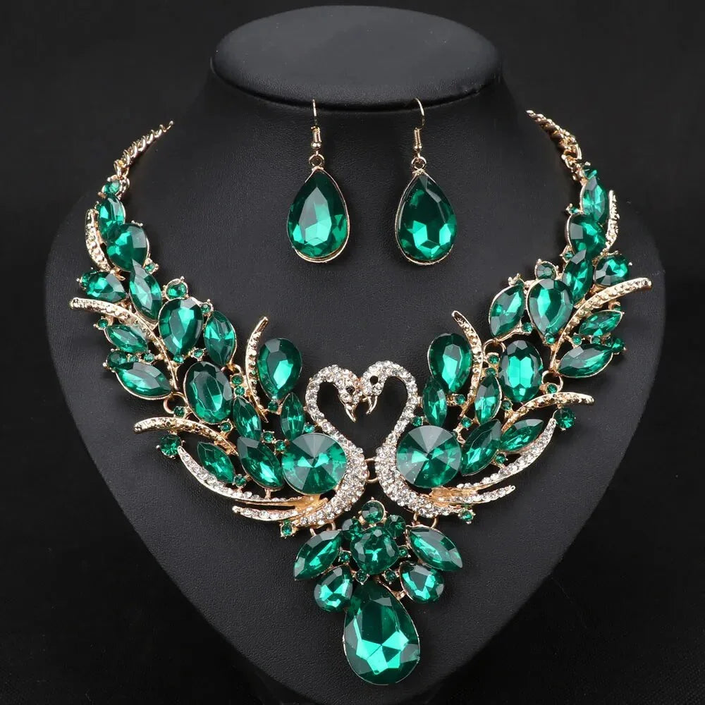 Crystal Bridal Jewelry Sets Gold Color Swan Pendant Necklace Women Gift Party Wedding Prom Necklace Earring Accessories