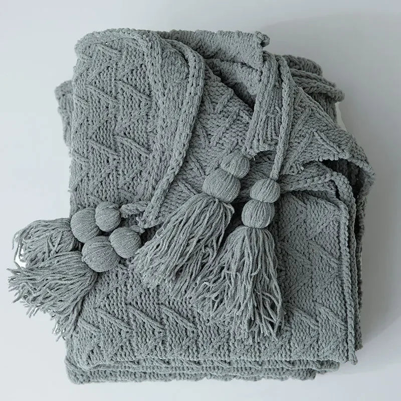 Chunky Knit Chenille Blanket With Pompoms