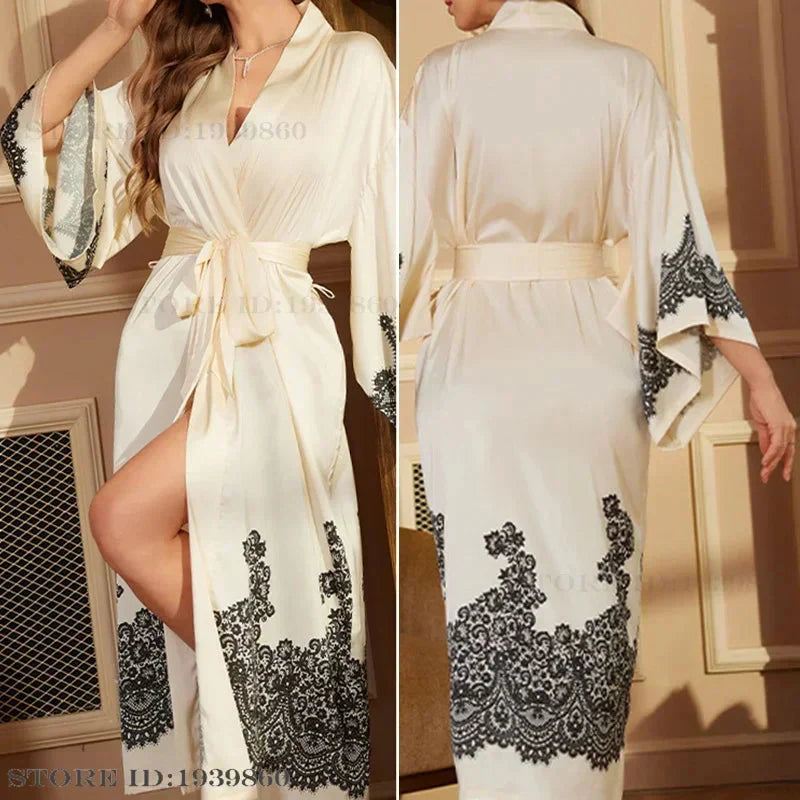 New Long Robe Women's Sleepwear Print Flower Kimono Bathrobe Gown Yukata Loose Silk Satin Nightdress Homewear Intimate Lingerie