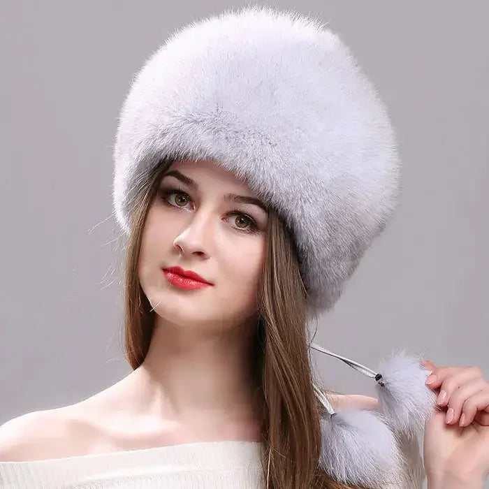 Real Fox Fur Hat for Women with Leather Top Mongolian Princess Hat with Pompom Winter Warm beanie Russian Cap Bonnets for Women