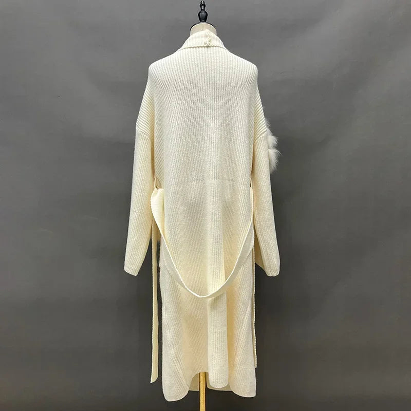 Lady Fashion Sweater Autumn Winter Long Coat 2023 Women's Knitted Cardigan Fox Fur Trim Belt