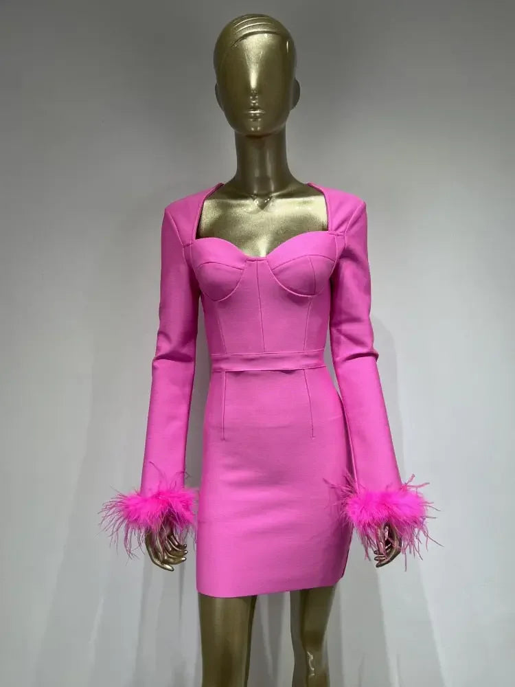 Sexy Long Sleeve Feather Mini Bodycon Dress