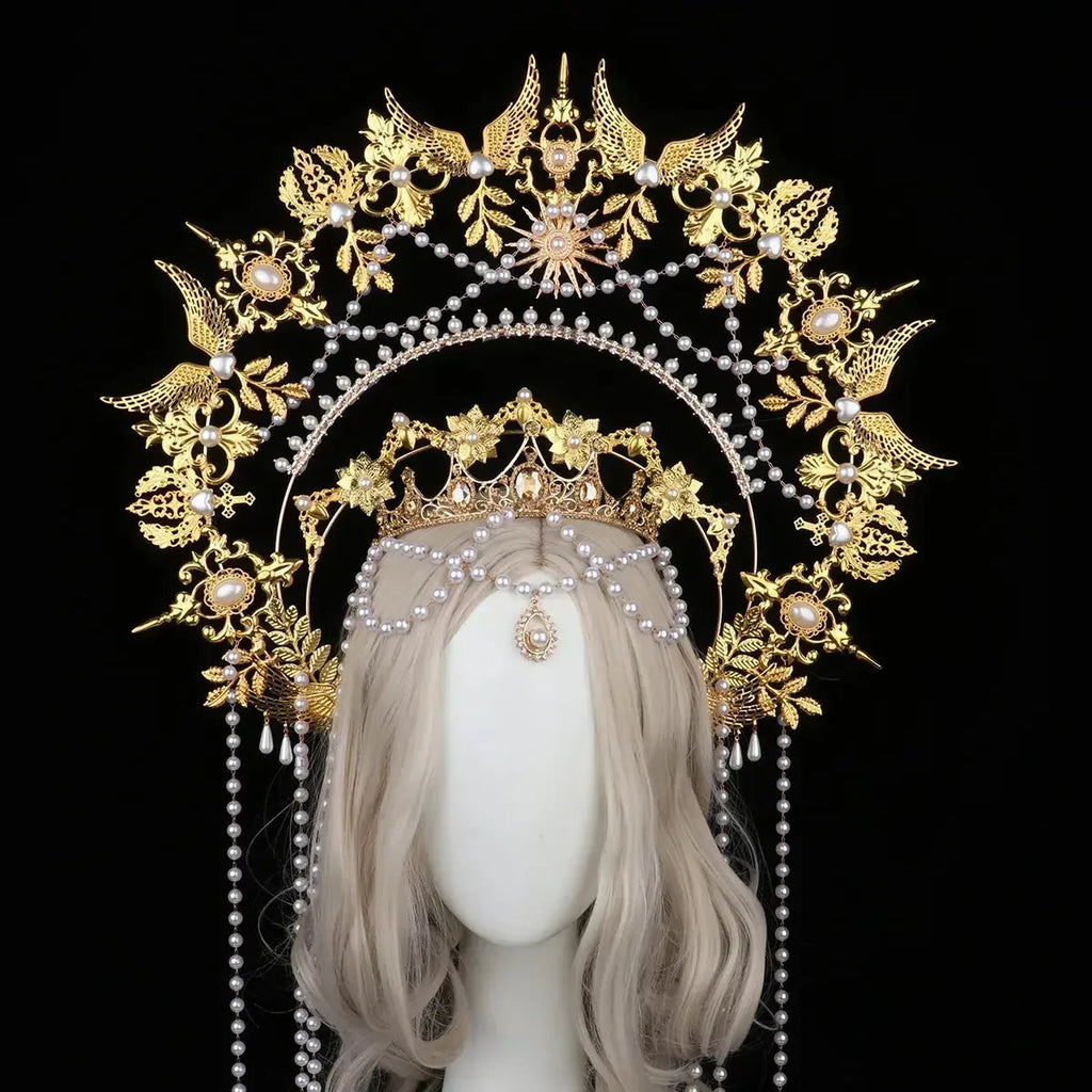 Sun Goddess Angel KC Halo Crown Headpiece Queen Anna Baroque Pearl Tiara Headband Lolita Collection Gothic Accessories