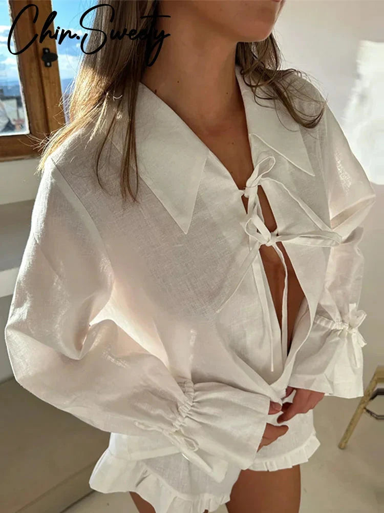 White Bow Lace Up Hollow Out Shirt Shorts Sets Women Loose Long Sleeve Ruffle Short Pant Suit Female 2024 Summer Lady Beach Set