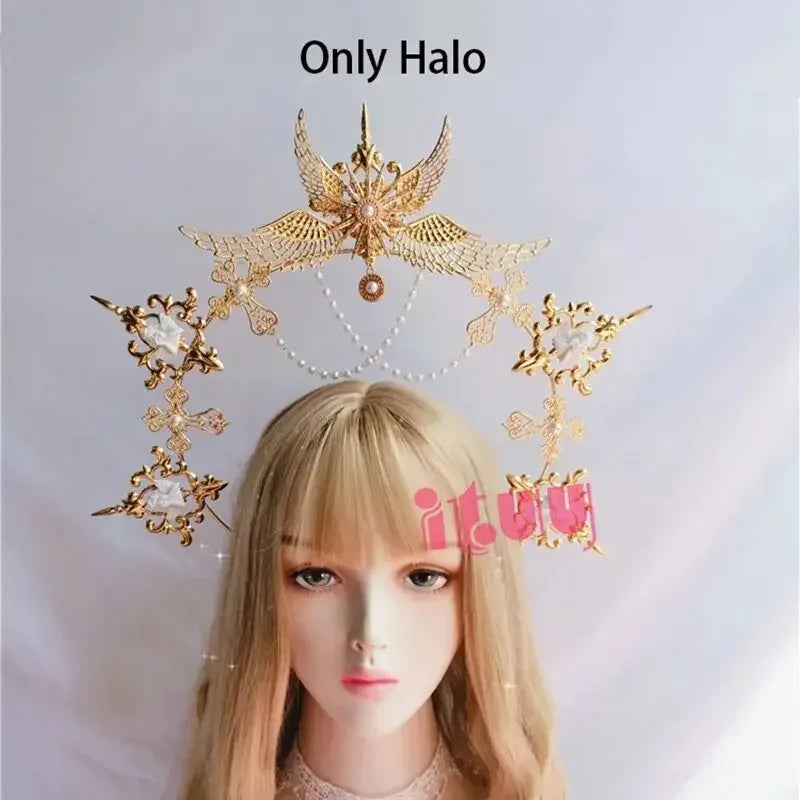 Sun Goddess Angel KC Halo Crown Headpiece Queen Anna Baroque Pearl Tiara Headband Lolita Collection Gothic Accessories
