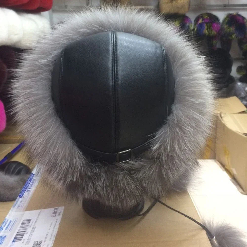 Real Fox Fur Hat for Women with Leather Top Mongolian Princess Hat with Pompom Winter Warm beanie Russian Cap Bonnets for Women