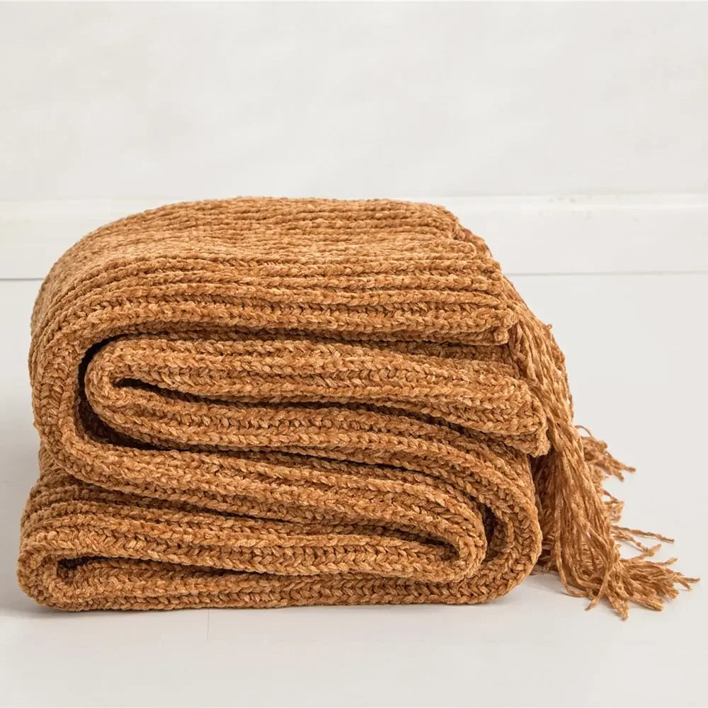 Chunky Knit Chenille Blanket With Pompoms