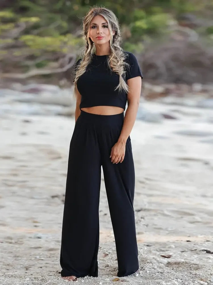LUX Ladies Classic Lounge Short Sleeve Top + Wide Leg Pants Set