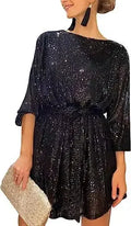 Women Loose Sparkly Prom Dresses 2023 Gold Black Silver Sequin Round Neck Short Party Dress With Belt Elegant Night Club Outfits