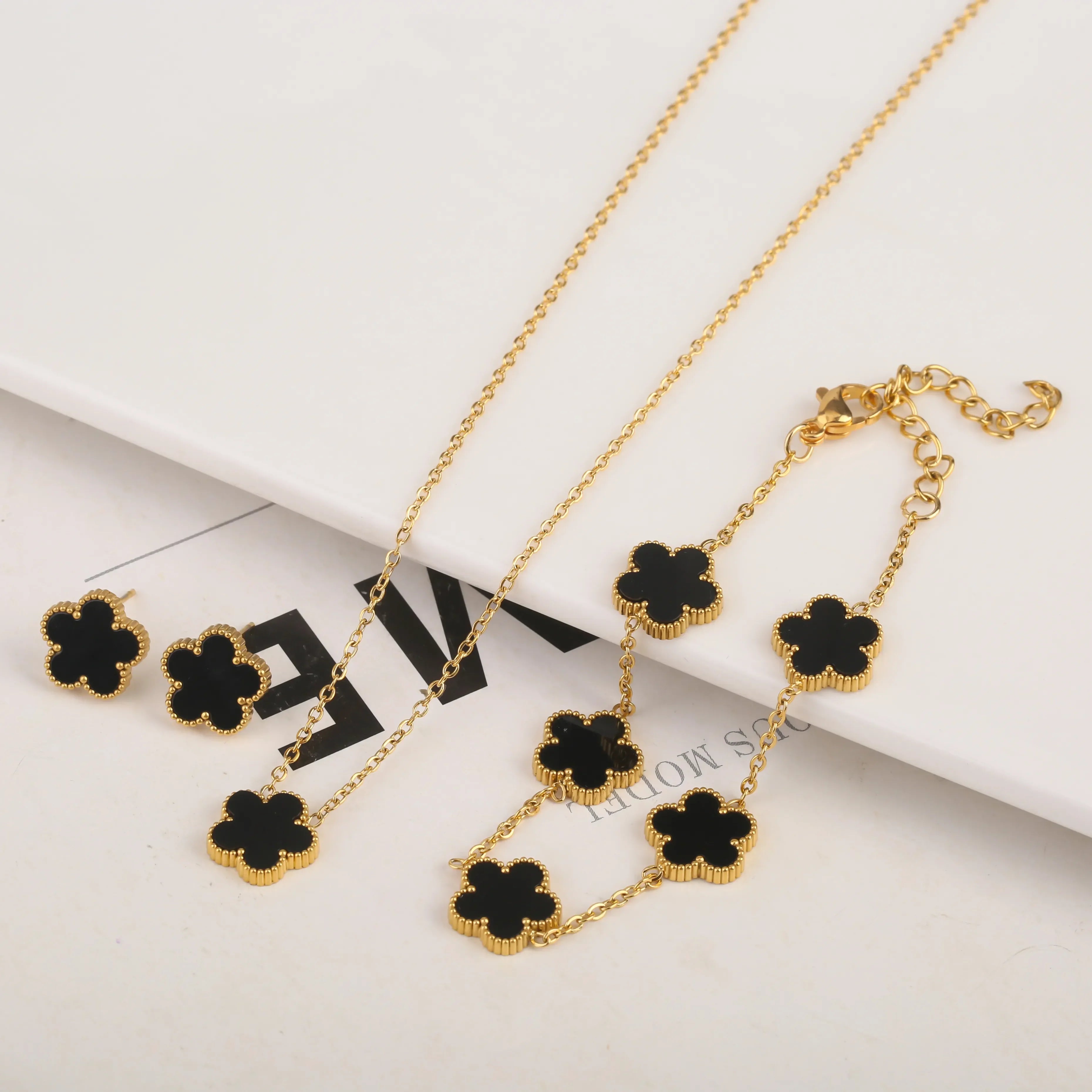 Stainless Steel Non Fading Minimalist Creative Plant Live Leaf Petal Flower Pendant Necklace Earrings Bracelet Jewelry Set