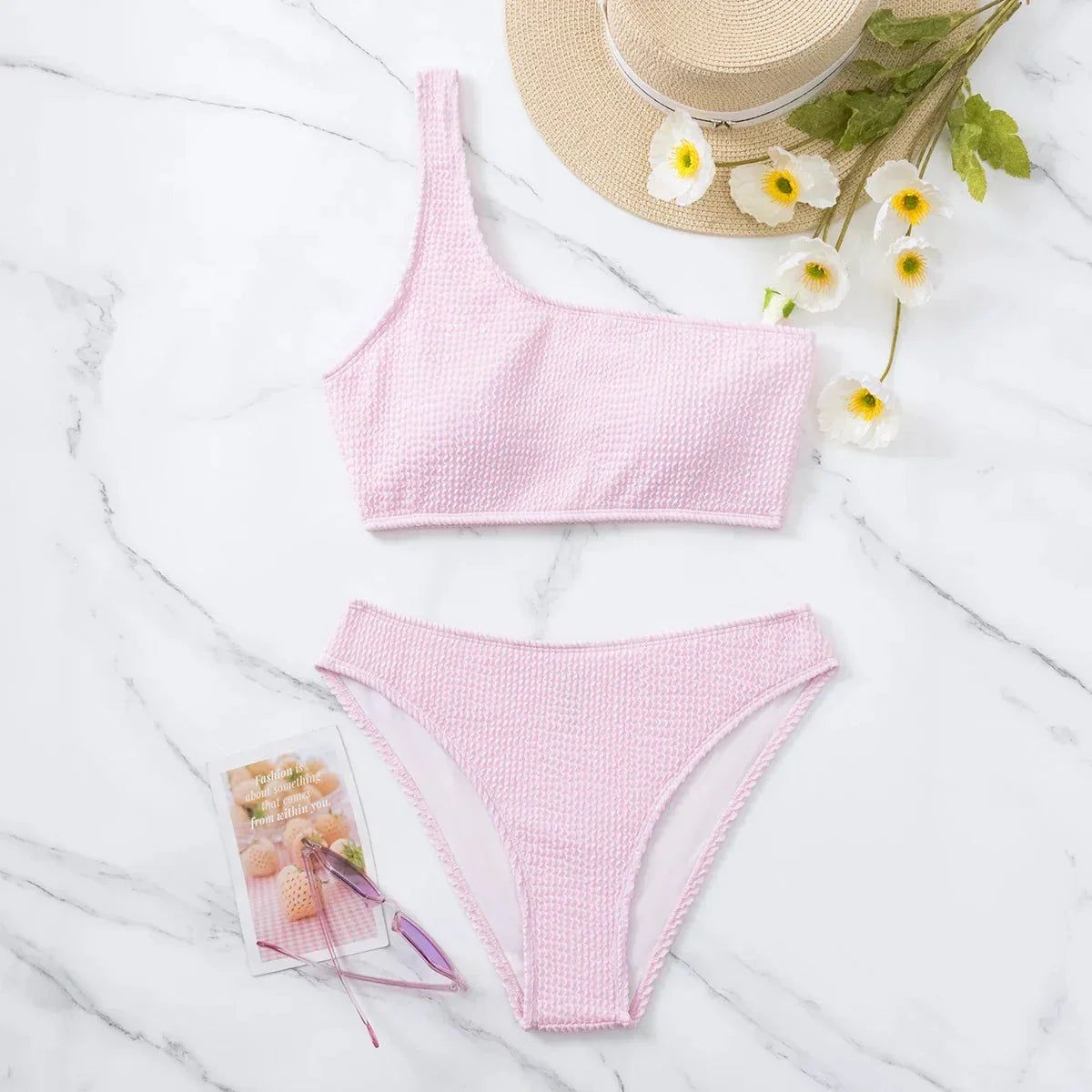 One-shoulder Bikini Set Warm Color Female Swimwear Suit low waist shorts 2 pieces women Beach set
