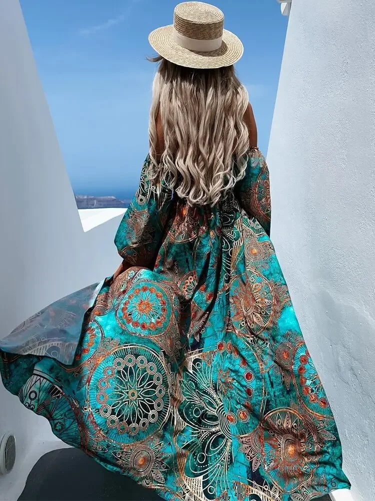 Summer Slash Neck Off Shoulder Long Dress Fashion Lady Vintage Print Waisted Dress Elegant Backless Long Sleeves Slit Maxi Dress