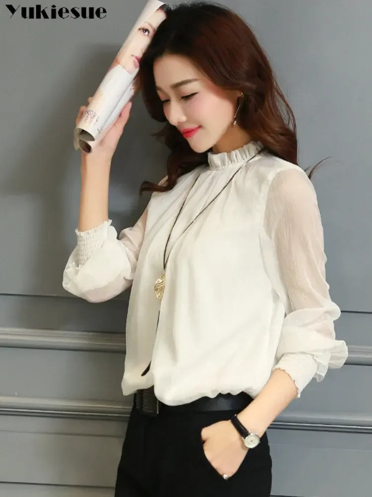 Spring Summer Elegant blouse women Korean Chiffon Shirt Women Long Sleeve Ruffled Women's shirts and blouses Office Lady Tops