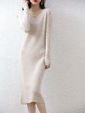 Elegant Long Sleeve Ribbed 100% Merino Wool Sweater Dress