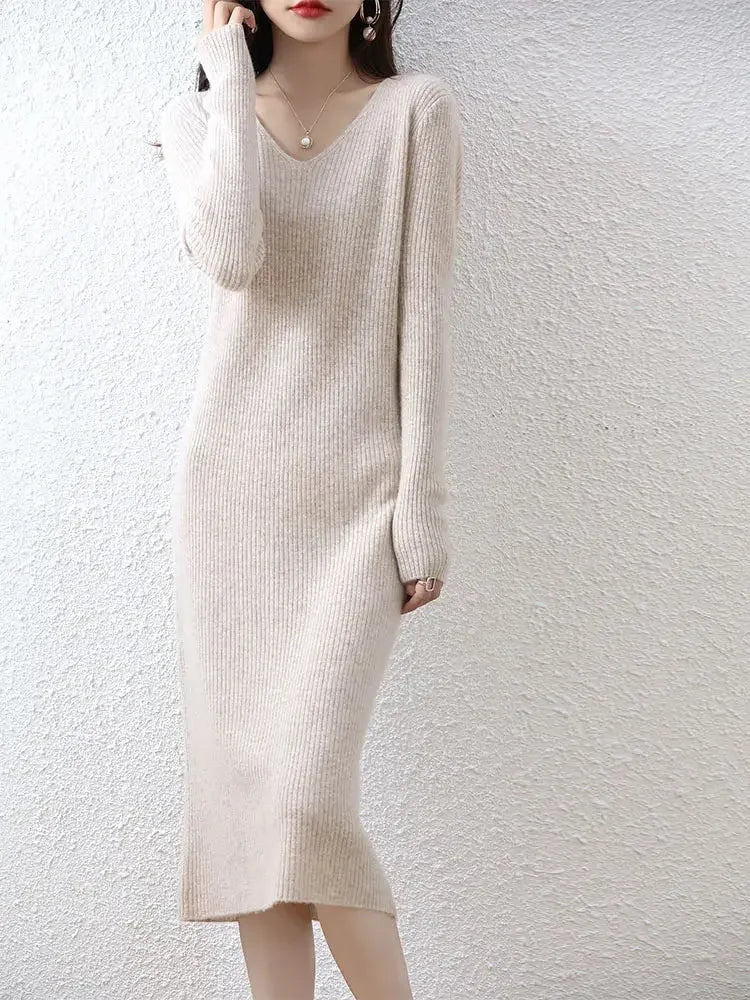 Elegant Long Sleeve Ribbed 100% Merino Wool Sweater Dress