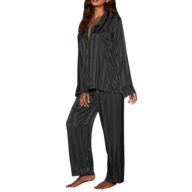 Women's striped pajama set, solid French silk satin pajamas, two piece set, comfortable home pajamas