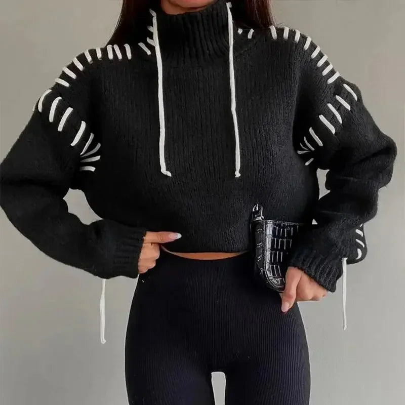 Quilted Turtleneck Contrast Cropped Cashmere Sweater Women's Mohair Long Sleeved Knitted Pullover Jumper Winter Warm Sweaterwear