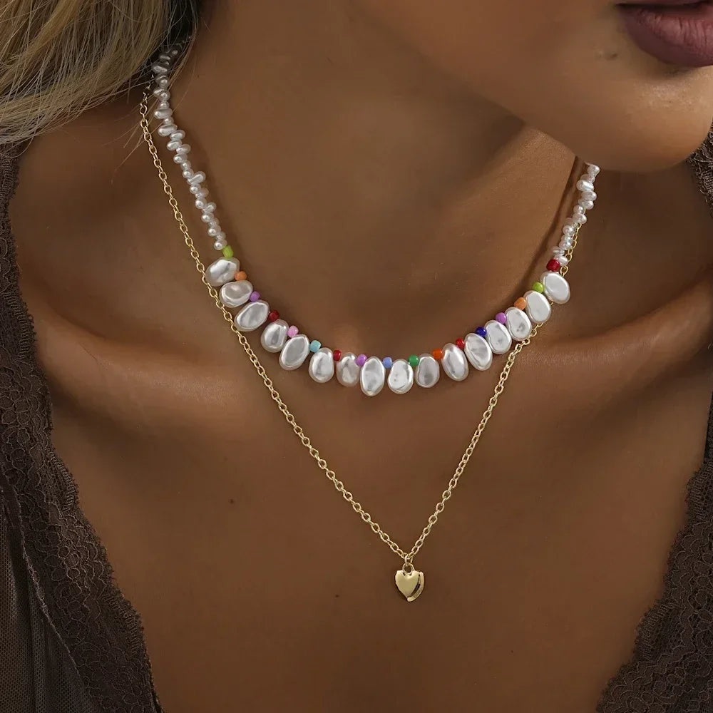 Romantic Trend Niche Irregular Imitation Pearl String Gold Plated O-Chain Splice Necklace Fashion For Women Ball Jewelry Gift