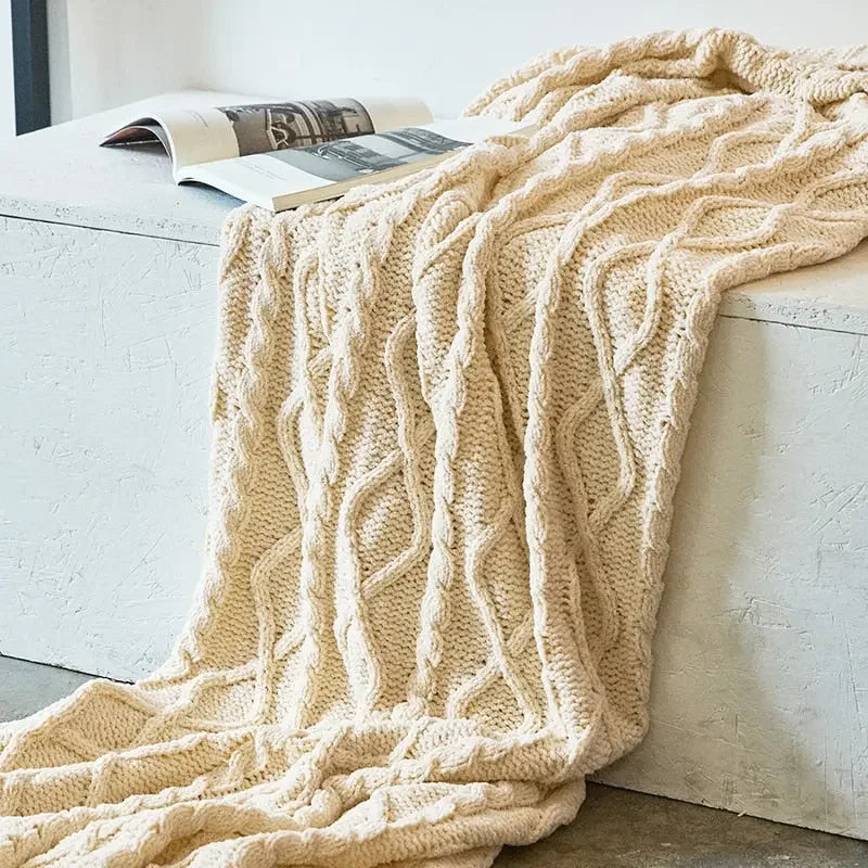 Chunky Knit Chenille Blanket With Pompoms