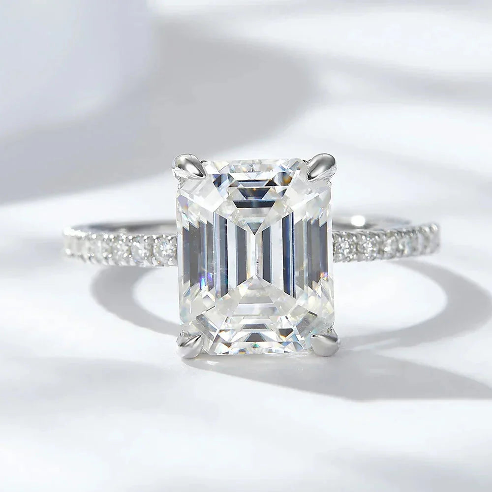 Emerald/Radiant Cut Real Full Moissanite Ring for Women 8*10mm D Color Diamond 925 Sterling Silver Wedding Band with Certificate