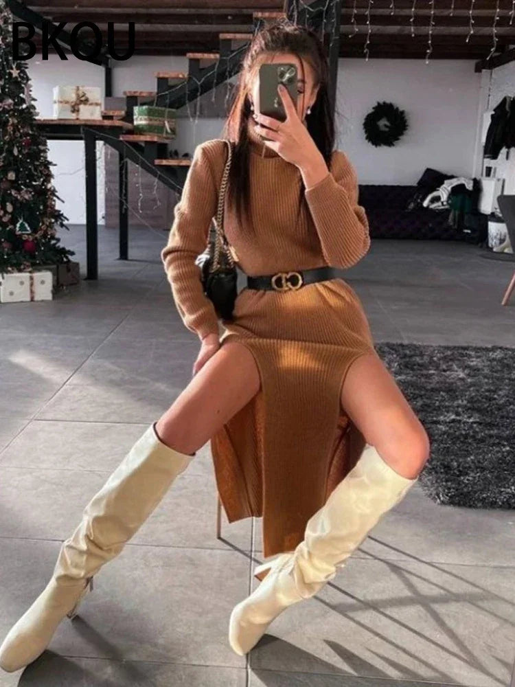 Women's Double Split Ribbed Sweater Midi Dress