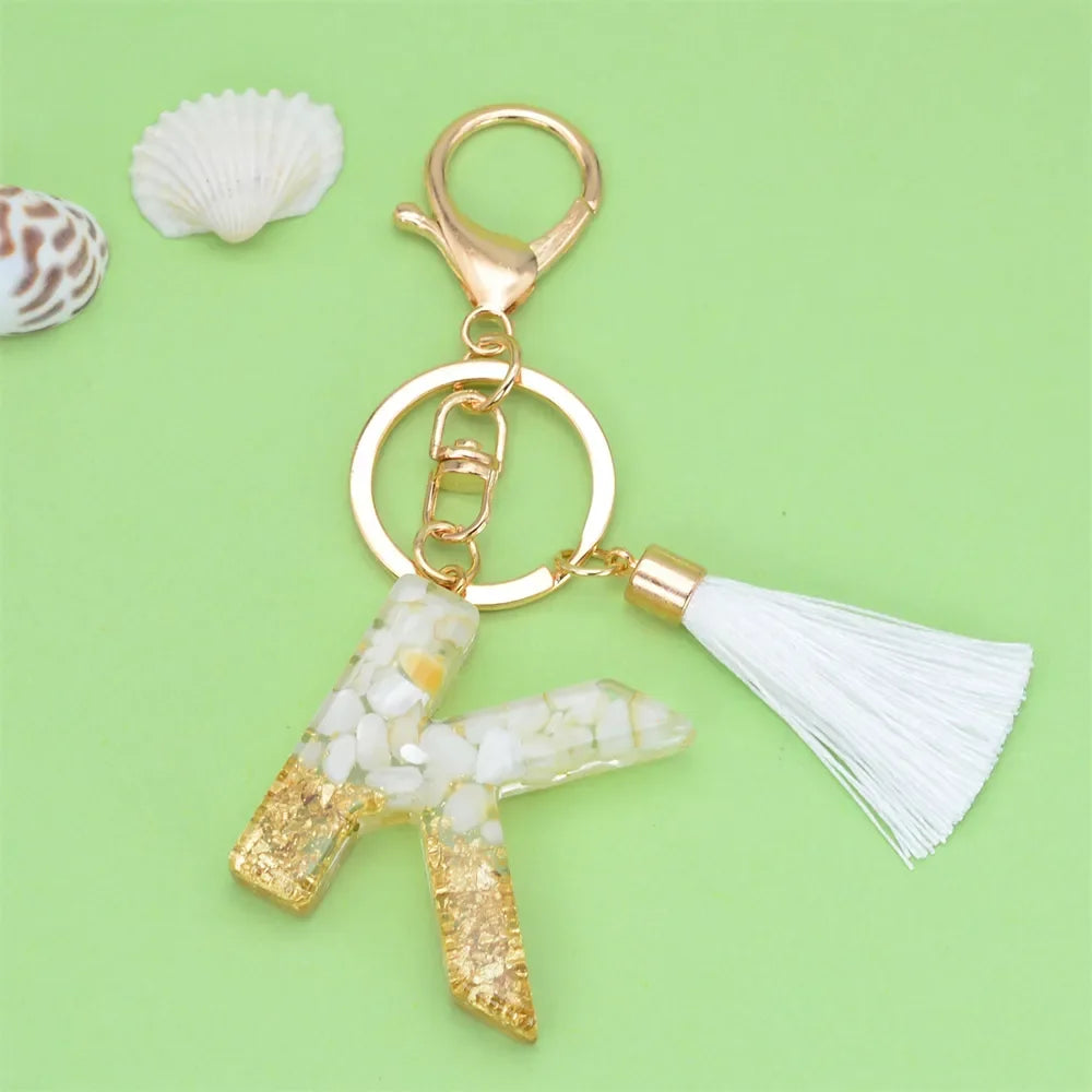 Fashion Bling A to Z Letter Keychain With White Tassel 26 Initial Keychain Car Key Holder Handbag Accessories