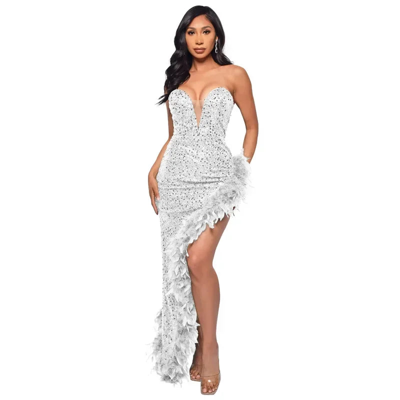 Sequin & Feather Cocktail Party Dress